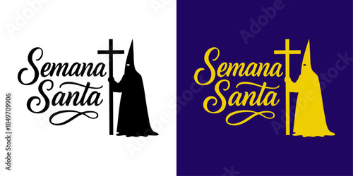 Procesión de Semana Santa española. Texto en español Semana Santa con dibujo con silueta de una figura encapuchada con una cruz