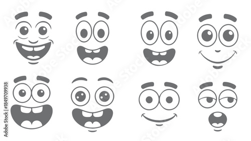 nine gray cartoon faces showing various expressions happy