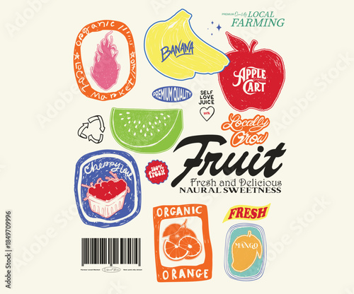 Local farmer poster design. Mix fruit set design for t shirt, posters, stickers, background and others.