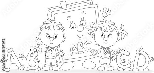Little schoolchildren and a cartoon character ABC book with funny toy letters of an alphabet, black and white vector illustration for a coloring book