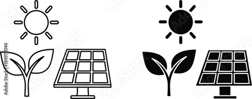 Icons representing solar energy, nature, and sustainability with sun, plant, and solar panel symbols in both outline and solid styles.