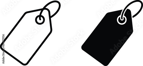 Two price tags, one outlined and one solid black, representing sales and discounts in retail.