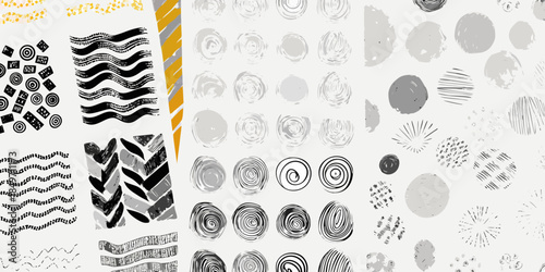 Abstract background with various gray and gold linear and circular patterns