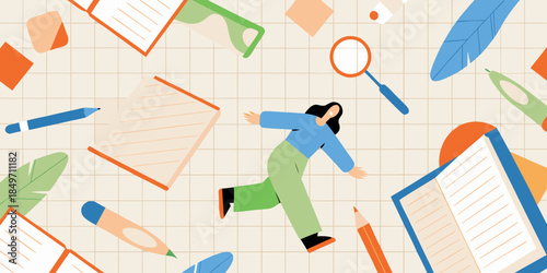 A whimsical illustration featuring a person amidst stationery and creative elements