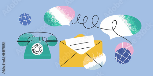 Communication icons a vintage telephone letter and speech bubbles illustration