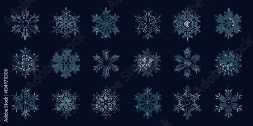 An assortment of detailed blue snowflakes against a dark solid background