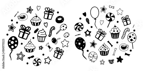 A delightful collection of black and white party decorations and sweet treats
