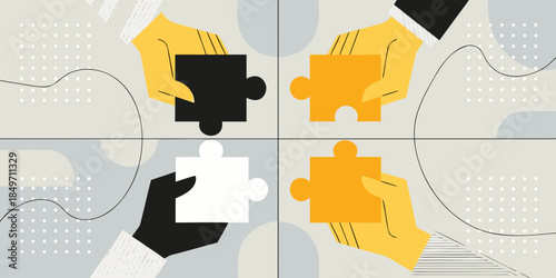 Hands connecting puzzle pieces of different colors in a collaborative design