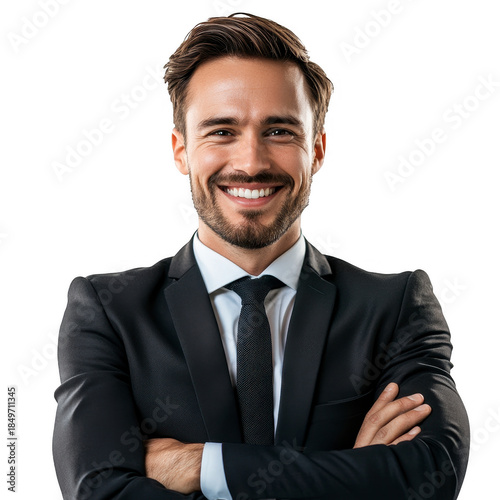 Confident smiling businessman with crossed arms, isolated on transparent background png