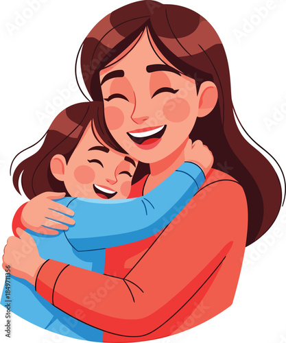 A heartwarming illustration of a happy mother and her child embracing each other with joyful smiles.