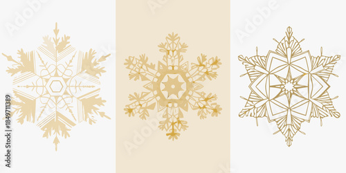 Elegant golden snowflakes arranged in a vertical composition against a beige backdrop