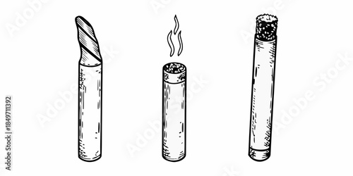 A sketch depicting a knife a lit match and a cigar presented in a row