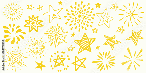 A collection of hand drawn yellow stars and sparkling starbursts on a white background