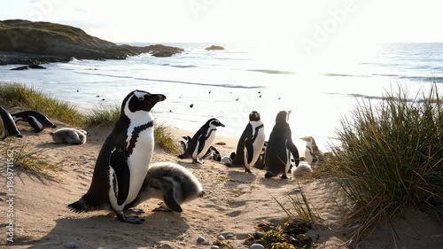 Adorable baby penguin and adult penguins on a sandy beach with ocean waves and bright sun