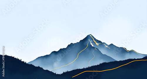 mountain landscape with snow illustration, winter alpine mountain art, snow capped peaks drawing style, cold winter mountain illustration, frozen alpine mountain artwork, white snowy mountain illustra