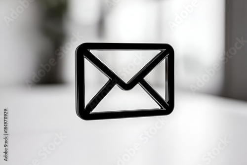 Black email sign icon on grey blurry background 