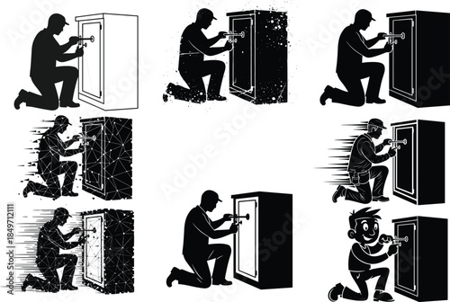 Six different style illustration of locksmith opening safe, black silhouette repairman cracking lock mechanism, secure storage technician concept, vector art design