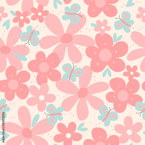 Seamless pink floral pattern with flowers and leaves for wallpaper and textile design