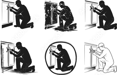 Six different style illustration of locksmith repairing door lock, black silhouette handyman fixing lock mechanism, home maintenance technician concept, vector art