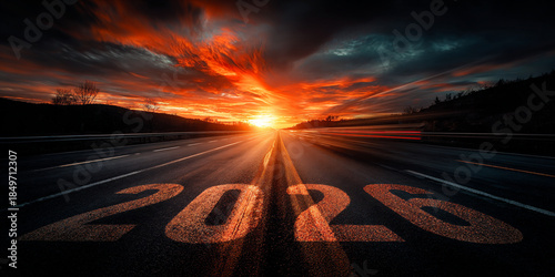 driving on the road to success - 2026 year number on the highway, sunrise in the new year