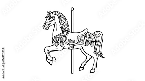 Detailed black and white line art drawing of a classic carousel horse with saddle and bridle on a pole, ready for a ride.
