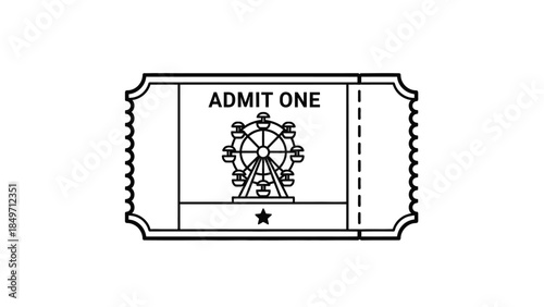A black and white line art illustration of a vintage-style admission ticket featuring a Ferris wheel and the text 'ADMIT ONE'.