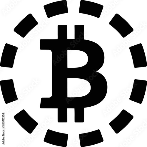 Simple black bitcoin icon with dashed circle outline