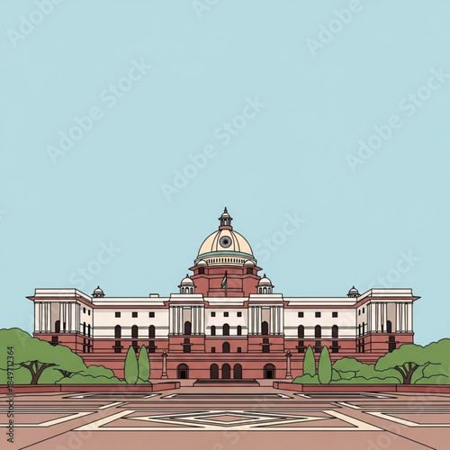 Rashtrapati Bhavan illustration Indian presidential palace in New Delhi flat design vector for travel and architecture concepts
