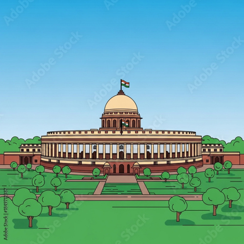 Indian Parliament building illustration New Delhi landmark in flat vector style representing democracy and government suitable for