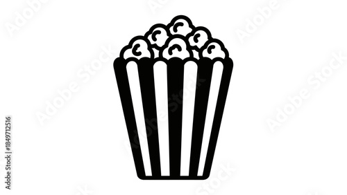 Black and white line art illustration of a striped bucket filled with fluffy popcorn kernels, ready for a movie snack.