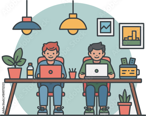 Flat design illustration of two colleagues collaborating at a co working desk