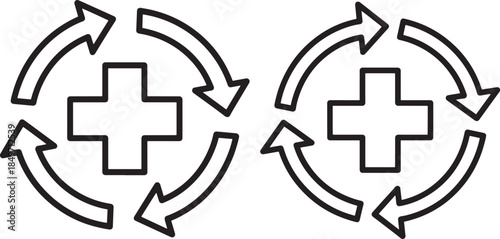 Medical first aid cross recycle arrows rotation icon set outline