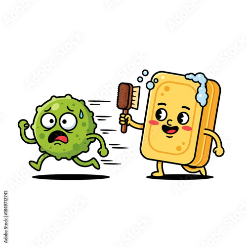 Hygiene Concept: Soap Bar Character Chasing Scared Virus