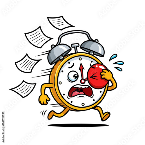 Deadline Panic: Running Alarm Clock Character Late for Schedule
