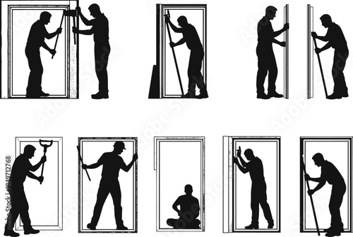 Six different style illustration of workers installing and repairing doors, black silhouette carpenter construction scene, handyman fixing frames, vector design concept