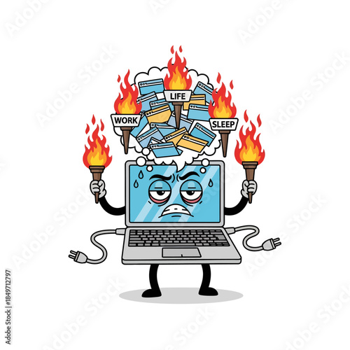 Digital Burnout: Overheated Laptop Character with Work Life Sleep Stress