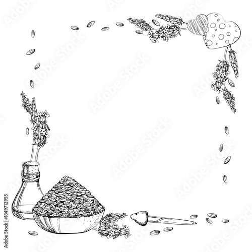Lavender seeds in clay bowl, glass vial with cork stopper, dropper pipette, flower stalks. Corner square frame isolated illustration hand drawn in vector ink. Botanical eco wrap, Provence market label