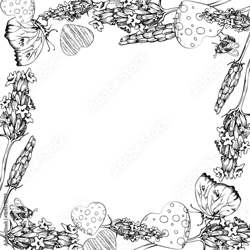 Lavender stems with butterfly, flat heart shapes, lavandula flowers. Isolated border square frame illustration hand drawn in vector ink. Shop logo, website, business card, booklet, background element