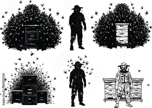 Six different style illustration of zombie beekeeper working with bee hives, horror apiarist surrounded by bees, spooky undead farming vector design