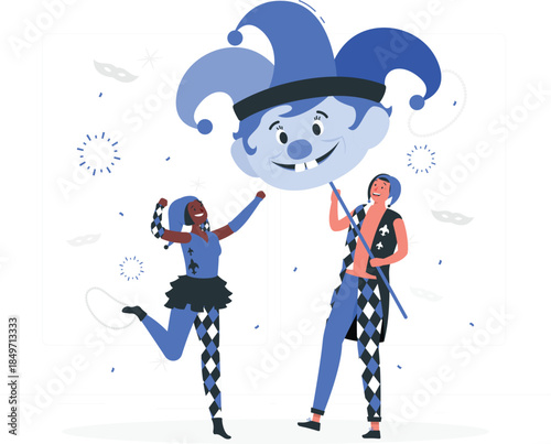 Two jesters holding large jester head mask jester costume harlequin costume blue and black