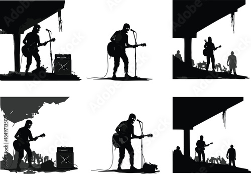 Six different style illustration of zombie guitarist performing under ruined bridge, post apocalyptic concert scene, dark undead musician silhouette vector art design