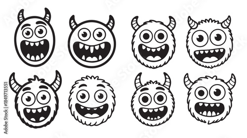  nine cheerful black and white furry monster silhouettes