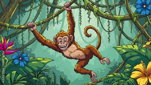 A cheerful cartoon monkey with brown fur swings happily on a thick vine in a vibrant, green jungle filled with lush foliage and colorful tropical flowers.