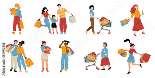 People shopping flat set isolated on white
