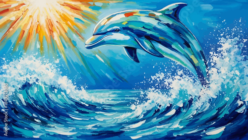 Impressionistic painting of a colorful dolphin jumping out of vibrant blue ocean waves under a bright sun.