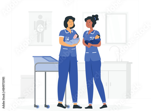 Two nurses holding babies in hospital setting medical healthcare d