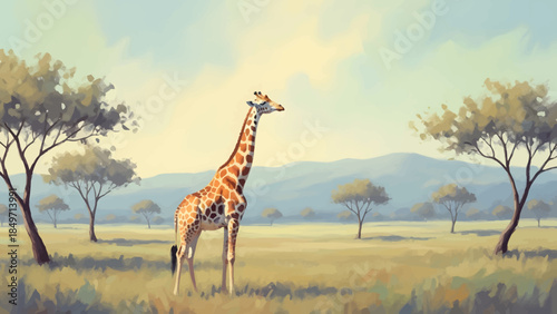 A tall giraffe stands majestically in a sunlit African savanna, surrounded by sparse acacia trees and distant mountains under a clear sky.