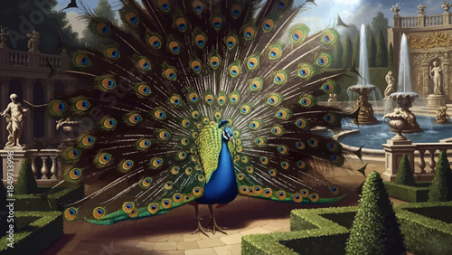 A majestic peacock displaying its vibrant tail feathers in a grand classical garden with fountains and statues.
