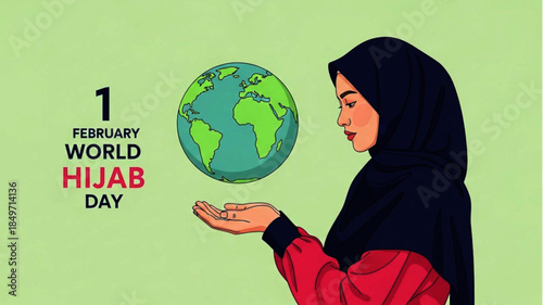 Happy World Hijab Day February 1st with a woman holding the Earth, celebrating diversity and unity globally
