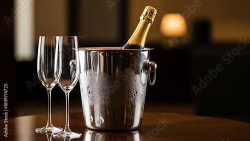 Champagne Bottle in Ice Bucket with Two Crystal Flutes on Table glasses